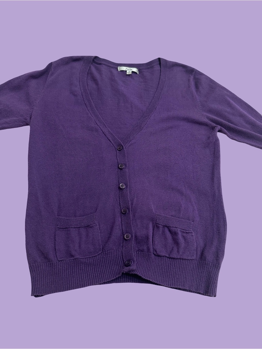 Papaya Purple V-Neck Button Cardigan with Pockets